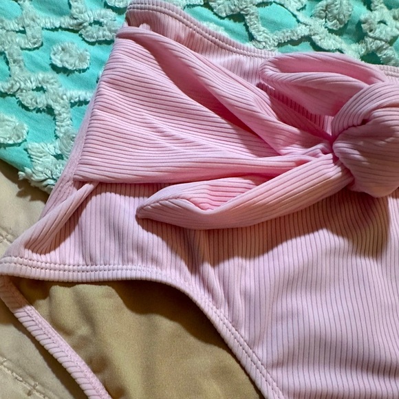 KORTNI JEANE High-Waisted Tie-Up Front Ribbed Swim Bottoms PINK - Sz S - NWT - Picture 3 of 6